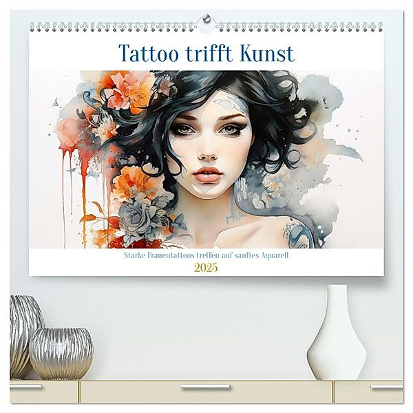 Tattoo trifft Kunst - Starke Tattoos treffen auf sanftes Aquarell (hochwertiger Premium Wandkalender 2025 DIN A2 quer), Kunstdruck in Hochglanz, Calvendo, Daniela Tapper