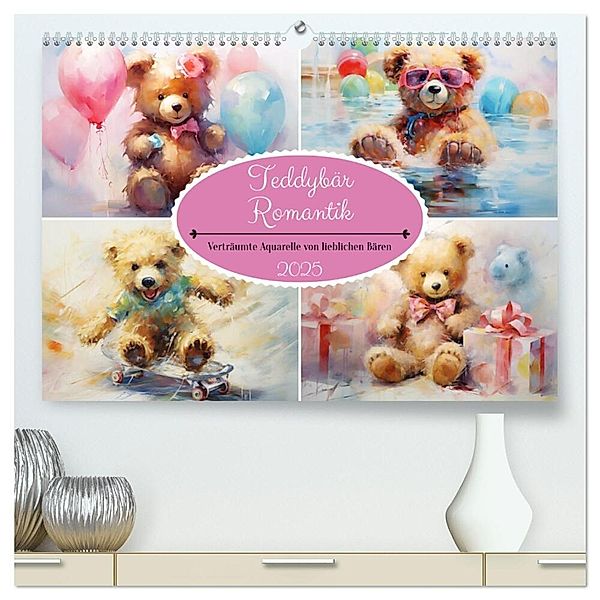 Teddybär Romantik. Verträumte Aquarelle von lieblichen Bären (hochwertiger Premium Wandkalender 2025 DIN A2 quer), Kunstdruck in Hochglanz, Calvendo, Rose Hurley