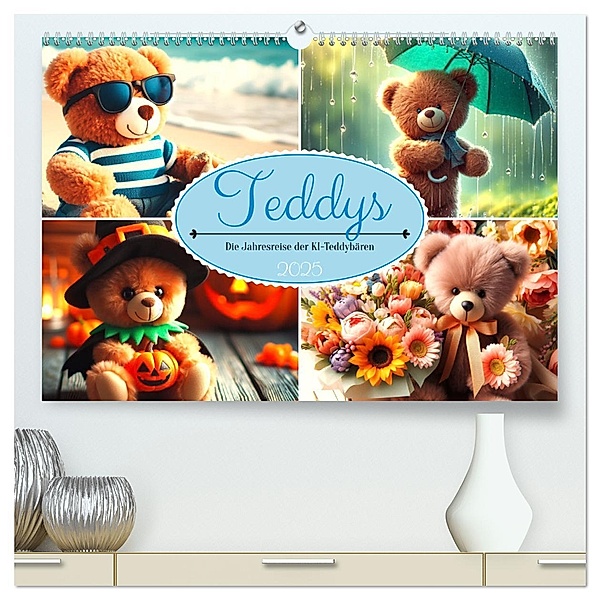 Teddys - Die Jahresreise der KI-Teddybären (hochwertiger Premium Wandkalender 2025 DIN A2 quer), Kunstdruck in Hochglanz, Calvendo, Marco Warstat