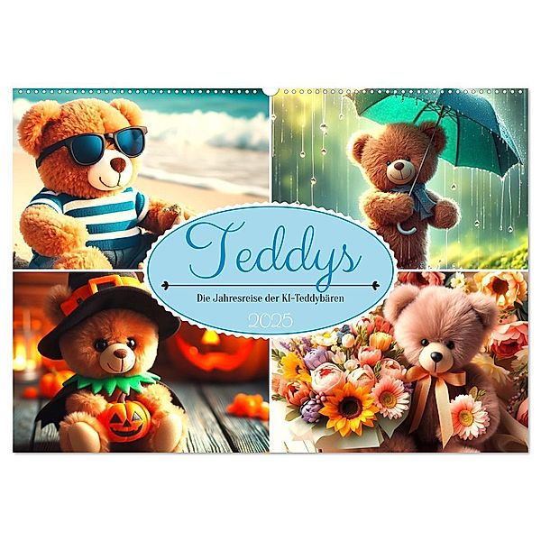 Teddys - Die Jahresreise der KI-Teddybären (Wandkalender 2025 DIN A2 quer), CALVENDO Monatskalender, Calvendo, Marco Warstat