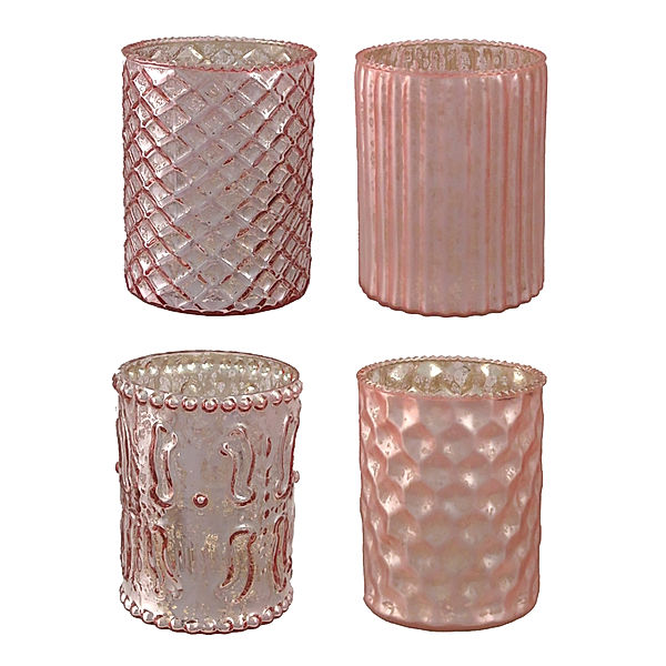 Teelichthalter aus Glas, 4er Set, 10x8 cm (Farbe: rosa)