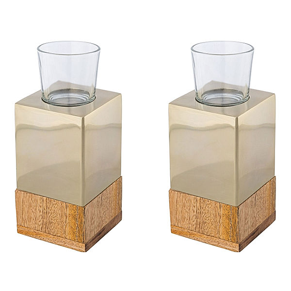 Teelichthalter Edelstahl-Mango-Holz Tower, 2er-Set (Farbe: champagner)