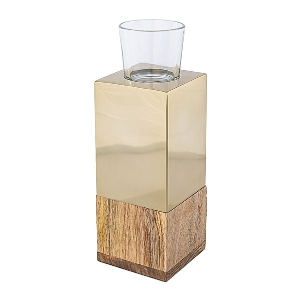 Teelichthalter TOWER aus Edelstahl u. Mango-Holz, 8x8x23 cm (Farbe: champagner)