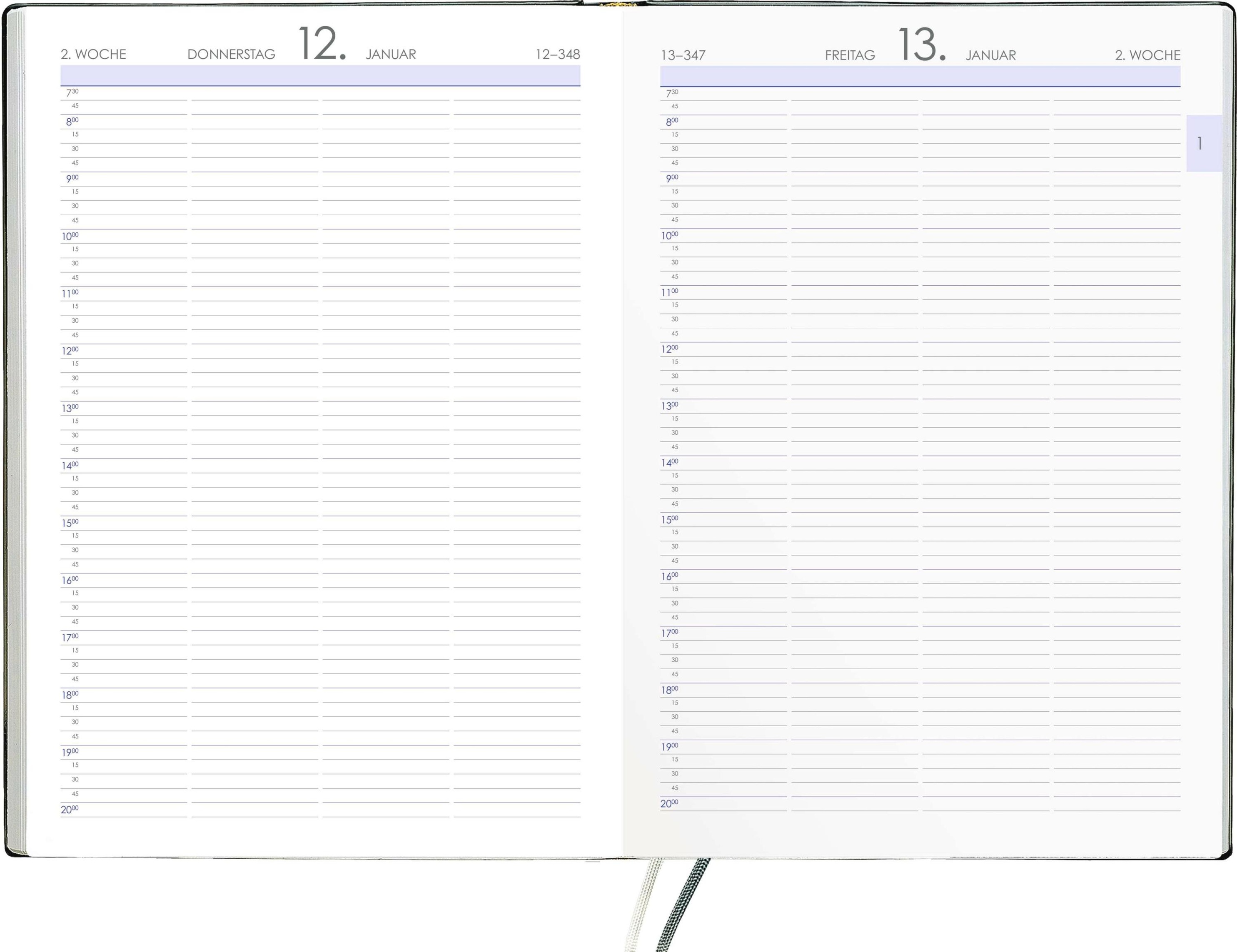 Terminbuch anthrazit 2024 - Bürokalender A4 21x29,7 cm - 1 Tag 1 Seite -  Einband wattiert - Viertelstundeneinteilung 7:30 - 20 Uhr - 886-0021 -  Kalender bestellen