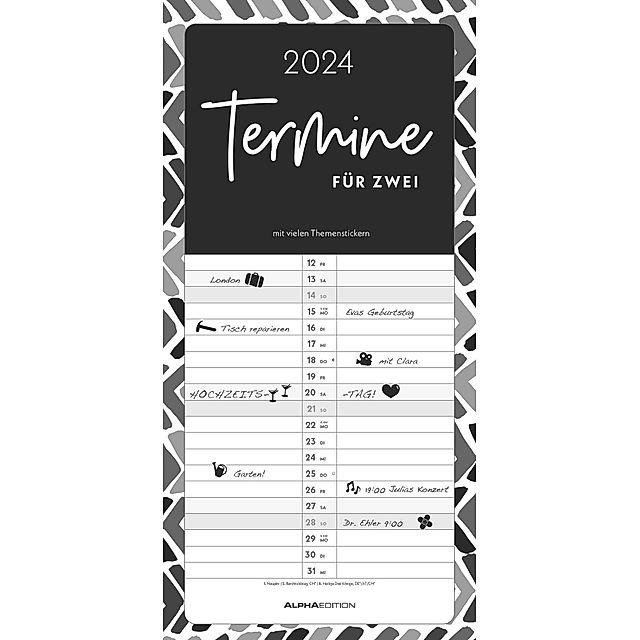 Termine für 2 Black and White 2024 Familienplaner - Timer - Termin-Planer -  Couple-Kalender - Familien-Kalender - 22x45 - Kalender bestellen