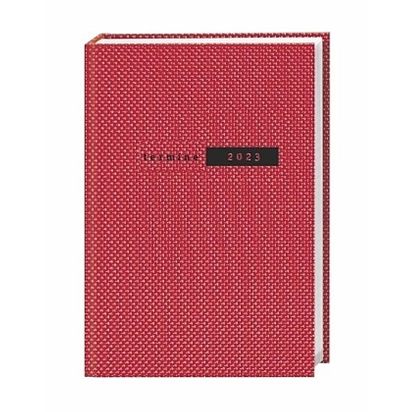 Terminer A6 2023. Roter Terminkalender mit strukturiertem Einband. Wochenplaner mit Zitaten und Lesebändchen. Taschenkal