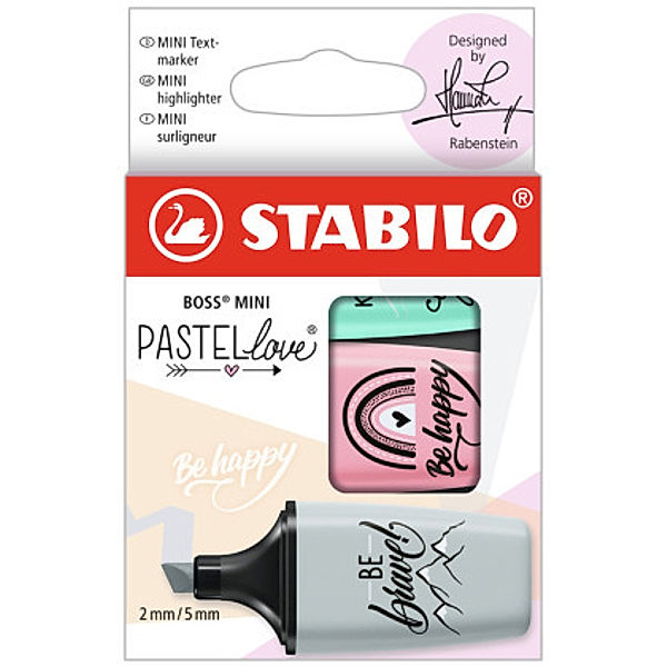 Textmarker - STABILO BOSS MINI Pastellove 2.0 - 3er Pack - rosiges Rouge, zartes Türkis, Hauch von Minzgrün