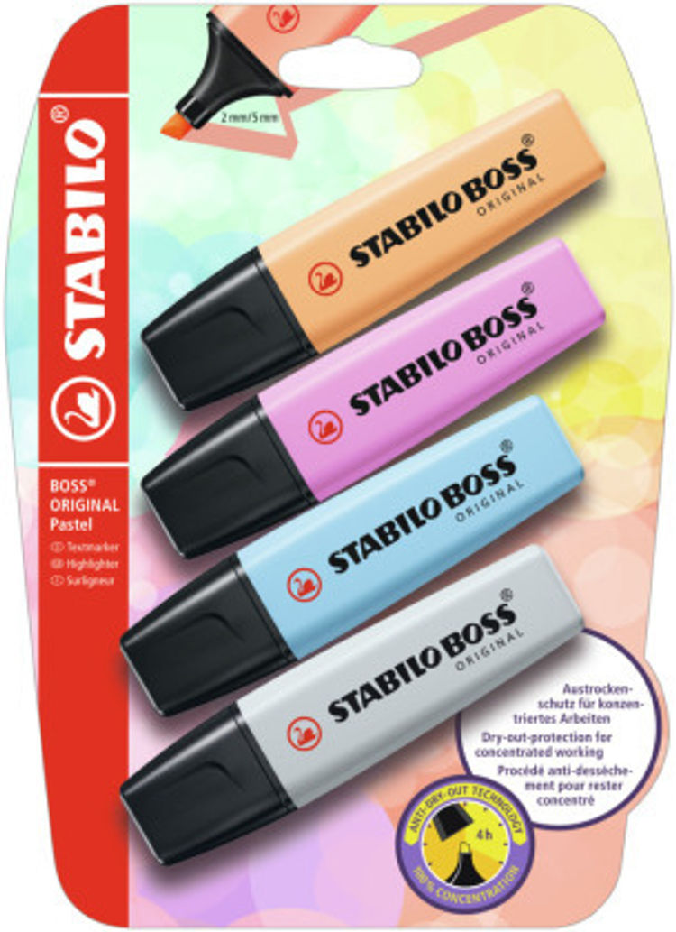 Textmarker - STABILO BOSS ORIGINAL Pastel - 4er Pack - sanftes Orange,  himmlisches Blau, frische Fuchsie, seidengrau | Weltbild.de