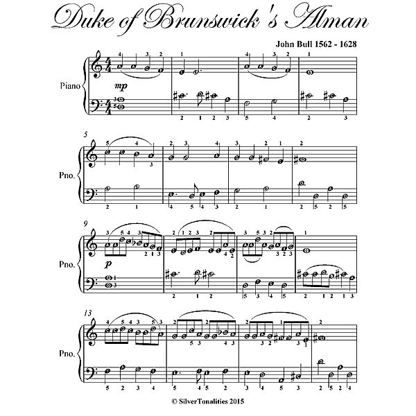 The Duke of Brunswick’s Alman Easy Piano Sheet Music, John Bull