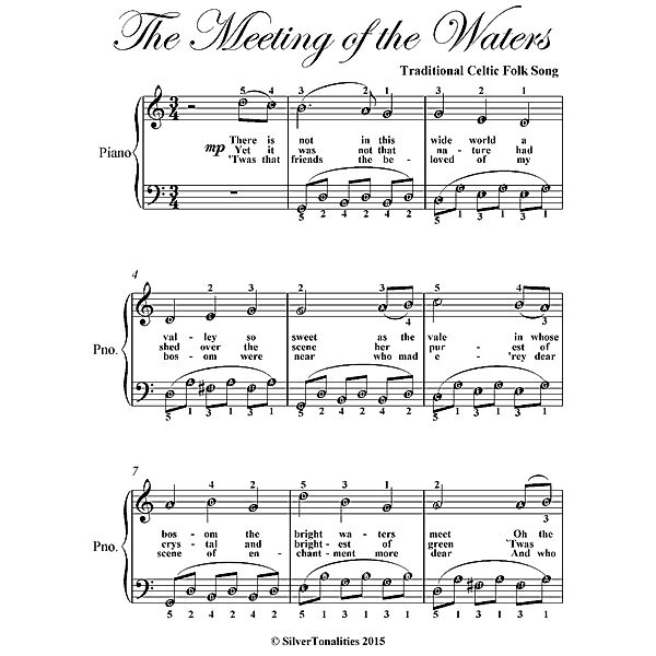 The Meeting of the Waters Easy Piano Sheet Music, Traditional Celtic Folk Song