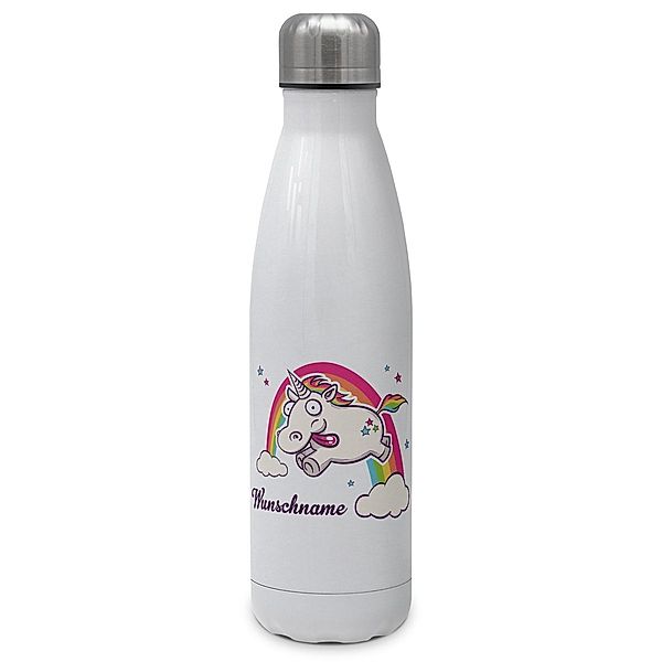 Thermo-Trinkflasche mit Namen, 500 ml, weiss (Motiv: Einhorn)