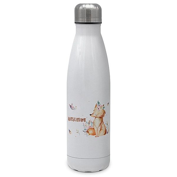 Thermo-Trinkflasche mit Namen, 500 ml, weiß (Motiv: Fuchs)