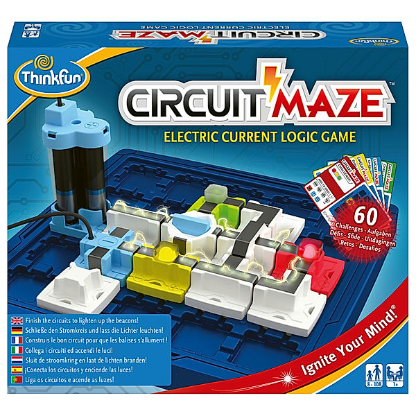 Ravensburger Verlag ThinkFun - 76341 - Circuit Maze -- das spannungsgeladene Logikspiel von ThinkFunk für Jungen und Mädchen ab 8 Jahren. Stromkreis mit LED-Lichtern und Schalter., Circuit Maze(TM) ThinkFun