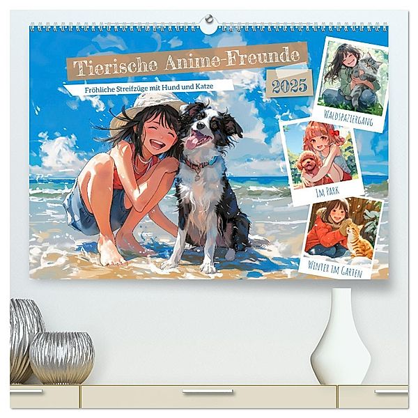 Tierische Anime-Freunde - Fröhliche Streifzüge mit Hund und Katze (hochwertiger Premium Wandkalender 2025 DIN A2 quer), Kunstdruck in Hochglanz, Calvendo, Anja Frost