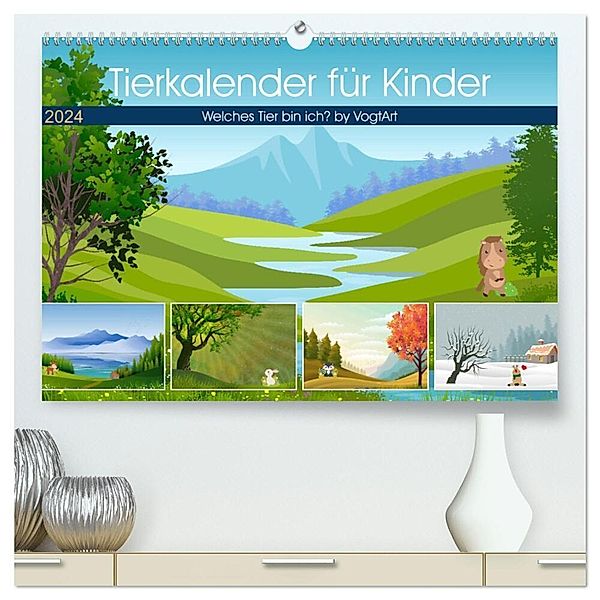 Tierkalender für Kinder (hochwertiger Premium Wandkalender 2024 DIN A2 quer), Kunstdruck in Hochglanz, VogtArt