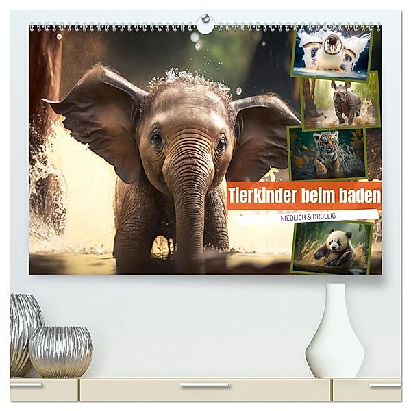 Tierkinder beim baden (hochwertiger Premium Wandkalender 2024 DIN A2 quer), Kunstdruck in Hochglanz, Dirk Meutzner