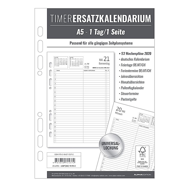 Timer Ersatzkalendarium A5 2020, ALPHA EDITION