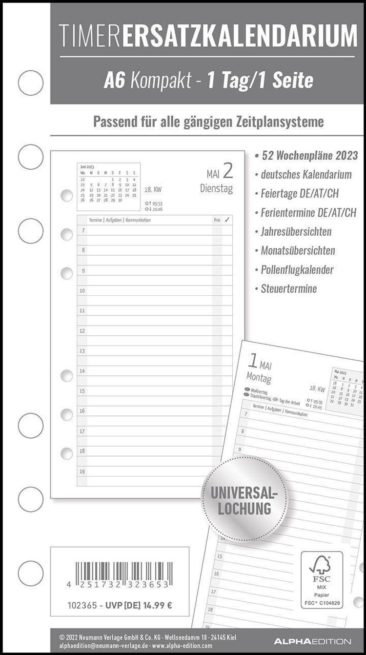 Timer Ersatzkalendarium A6 2023 - Bürokalender - Buchkalender A6 9,5x17 cm  - Universallochung - 1 Tag 1 Seite - 352 Se - Kalender bestellen