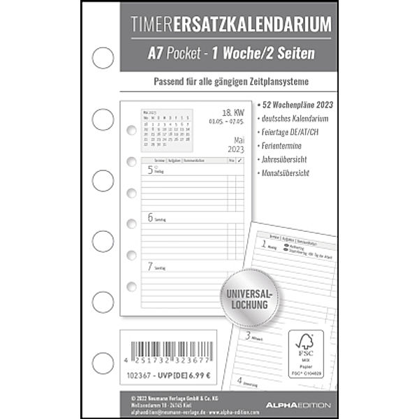 Timer Ersatzkalendarium A7 2023 - Bürokalender - Buchkalender A7 (8x13 cm) - Universallochung - 1 Woche 2 Seiten - 128 S