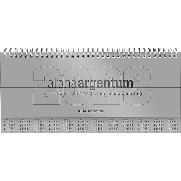 Tisch-Querkalender alpha argentum 2023 - Büro-Planer 29,7x13,5 cm - Tisch-Kalender - 1 Woche 2 Seiten - silber - Ringbin