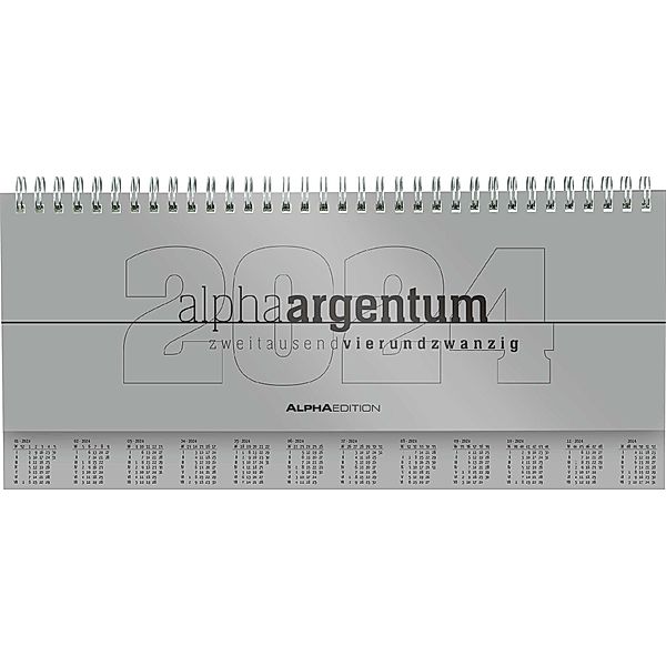 Tisch-Querkalender alpha argentum 2024 - Büro-Planer 29,7x13,5 cm - Tisch-Kalender - 1 Woche 2 Seiten - silber - Ringbindung - Alpha Edition