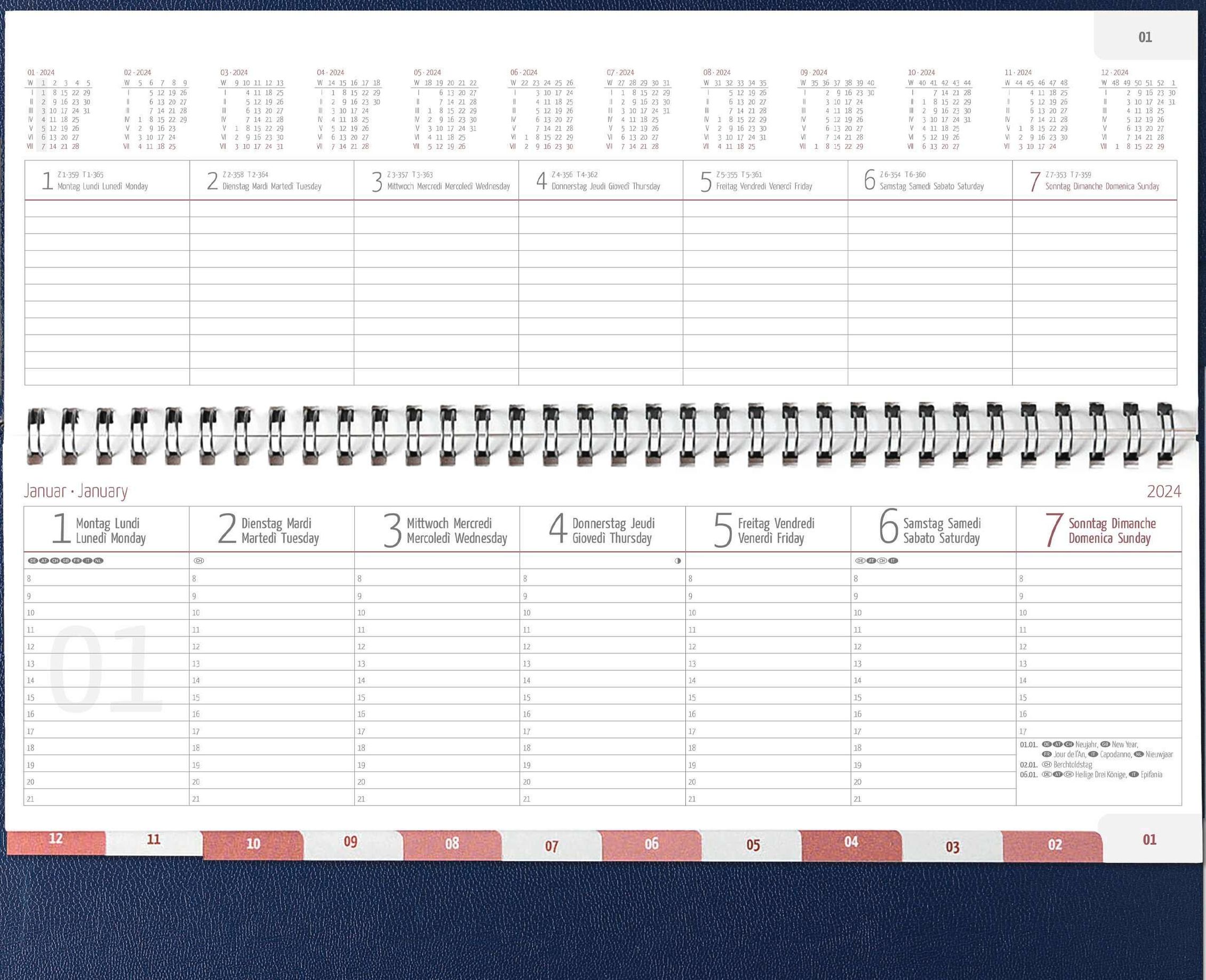 Tisch-Querkalender Balacron blau 2024 - Büro-Planer 29,7x13,5 cm - mit  Registerschnitt - Tisch-Kalender - verlängerte Rückwand - 1 Woche 2 Seiten  - Kalender bestellen