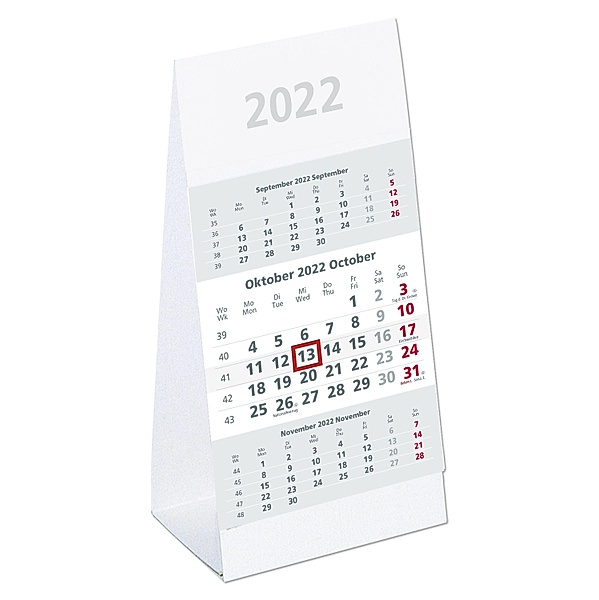 Tischaufstellkalender 3 Monate 2022 - 10,5x21 cm - 3 Monate auf 1 Seite - mit Kopftafel und Datumsschieber - Mehrmonatsk