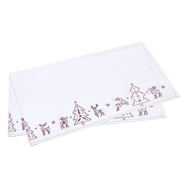 Tischdecke mit Stickerei Weihnachts-Elch Weiss/Rot