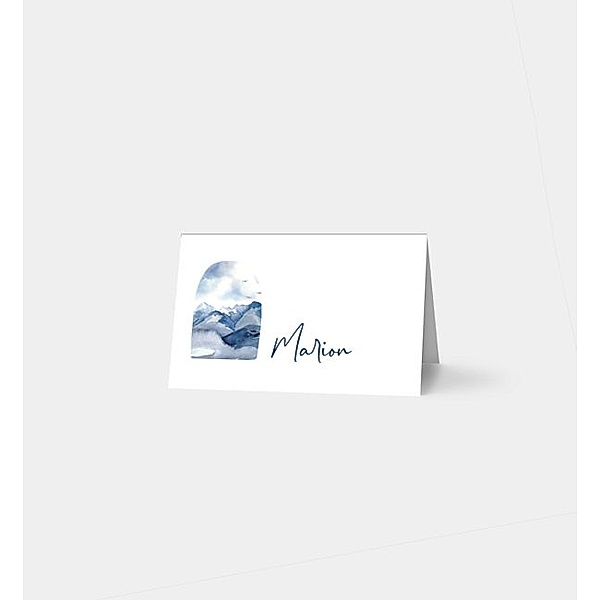 Tischkarte Blaue Berge, Tischklappkarte quer, Faltung oben (85 x 55mm)