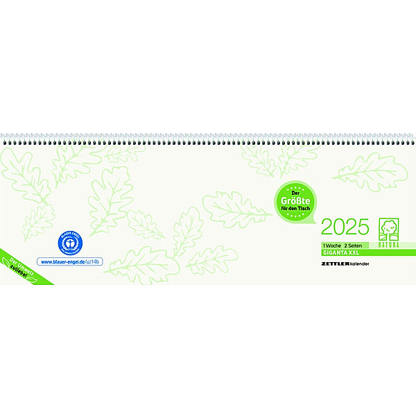 Tischquerkalender Giganta XXL Recycling 2025 - 42,2x14,8 cm - 1 Woche auf 2 Seiten - Bürokalender - Stundeneinteilung 7 - 22 Uhr - 126-0700