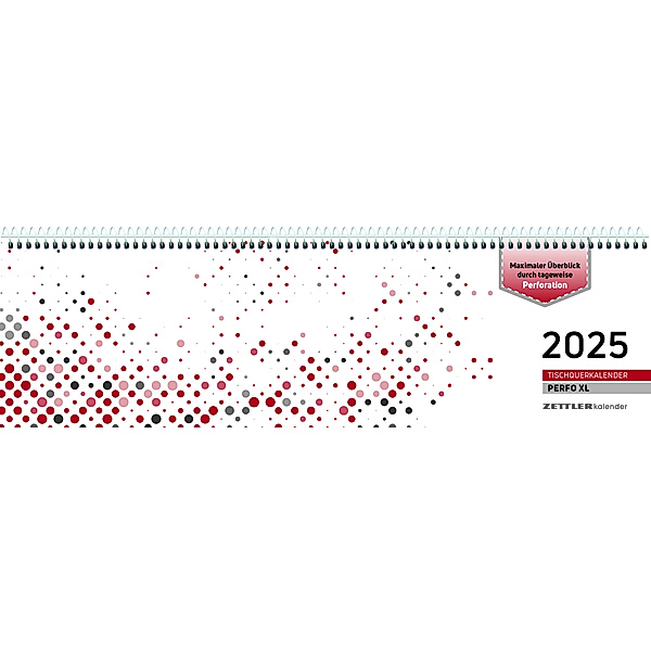 Tischquerkalender Perfo XL rot 2025 - 36,2x10,6 cm - 1 Woche auf 2 Seiten - Stundeneinteilung 7 - 20 Uhr - jeder Tag einzeln abtrennbar - 136-0013