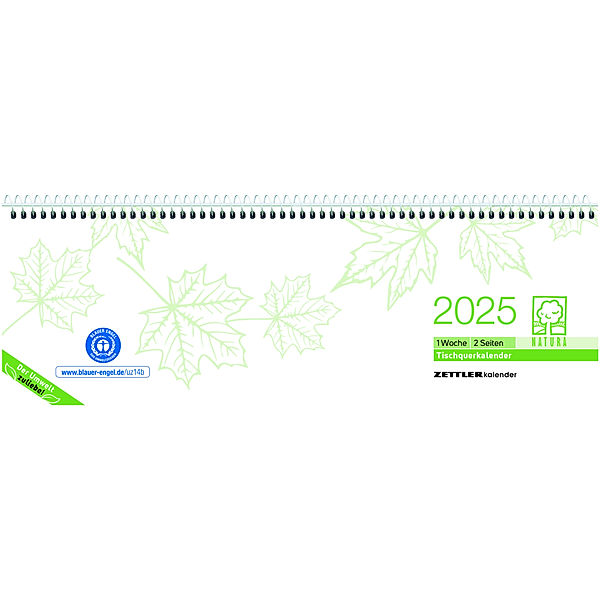 Tischquerkalender Recycling 2025 - 29,6x9,9 - 1 Woche auf 2 Seiten - Blauer Engel - Kalender aus Recyclingpapier - Stundeneinteilung 7 - 19 Uhr - 116-0700