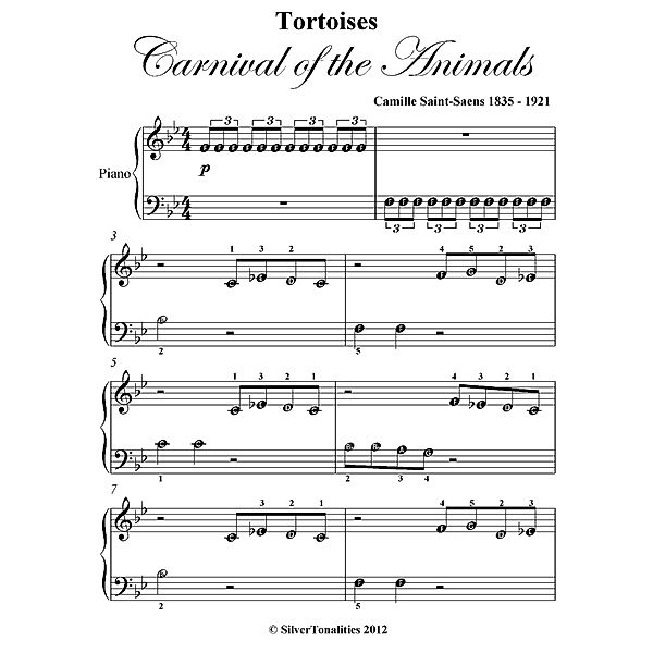 Tortoises Carnival of the Animals Beginner Piano Sheet Music, Camille Saint-Saens