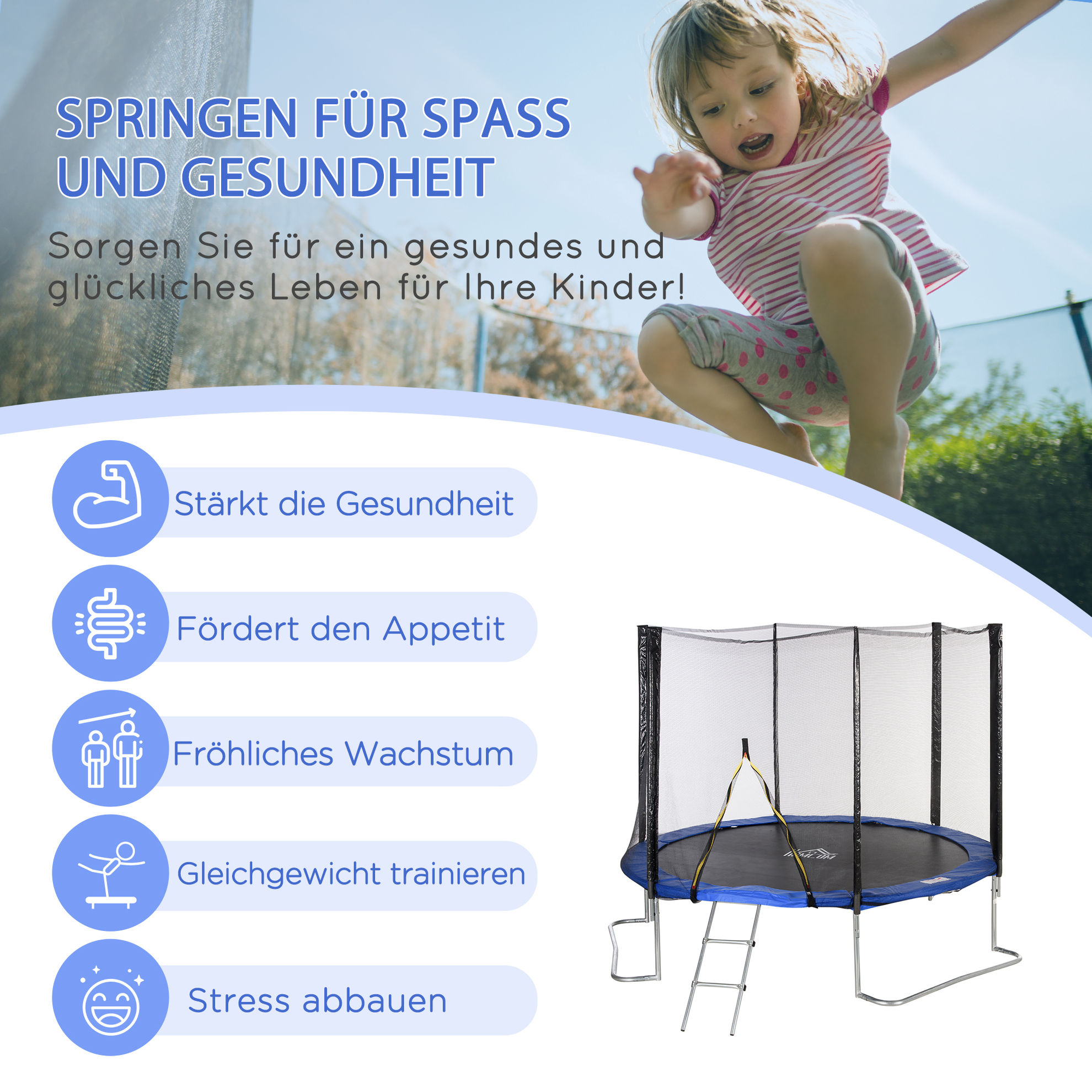 Trampoline mit Sicherheitssnetz schwarz, blau Farbe: blau, schwarz online  kaufen - Orbisana