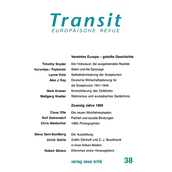 Transit 38. Europäische Revue, Timothy Snyder, Lynne Viola, Claus Offe