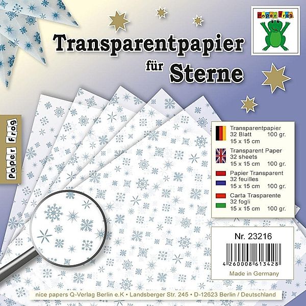 Transparentpapier für Sterne Weiß mit Eiskristallen in Silber Blau Metallic 15 x 15 cm