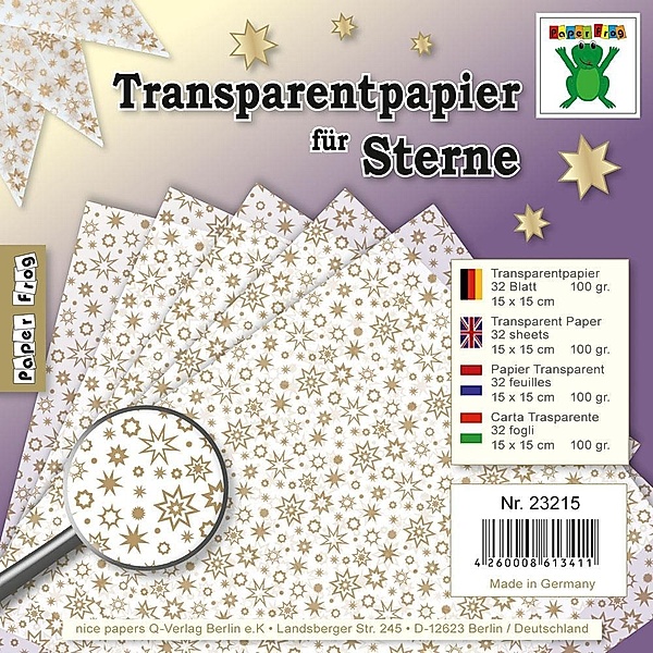 Transparentpapier für Sterne Weiss mit Sternen in Gold Metallic 15 x 15 cm