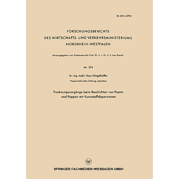 Trocknungsvorgänge beim Beschichten von Papier und Pappen mit Kunststoffdispersionen, Hans Klingelhöffer