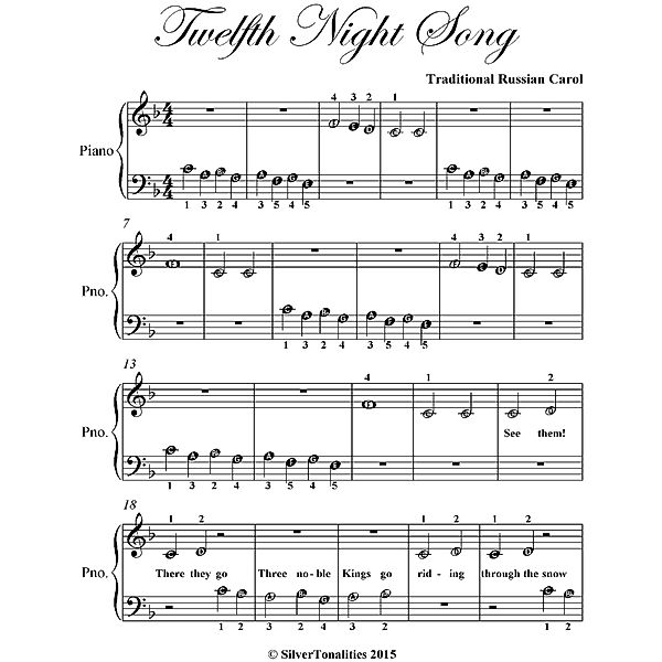 Twelfth Night Song Beginner Piano Sheet Music, Traditional Russian Carol