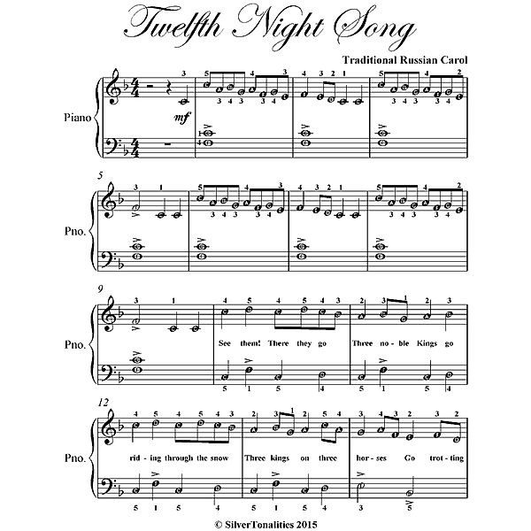 Twelfth Night Song Easy Piano Sheet Music, Traditional Russian Carol