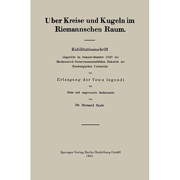Uber Kreise und Kugeln im Riemannschen Raum, Bernard Baule