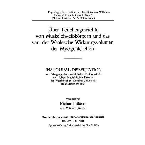 Über Teilchengewichte von Muskeleiweißkörpern und das van der Waalssche Wirkungsvolumen der Myogenteilchen, Richard Stöver