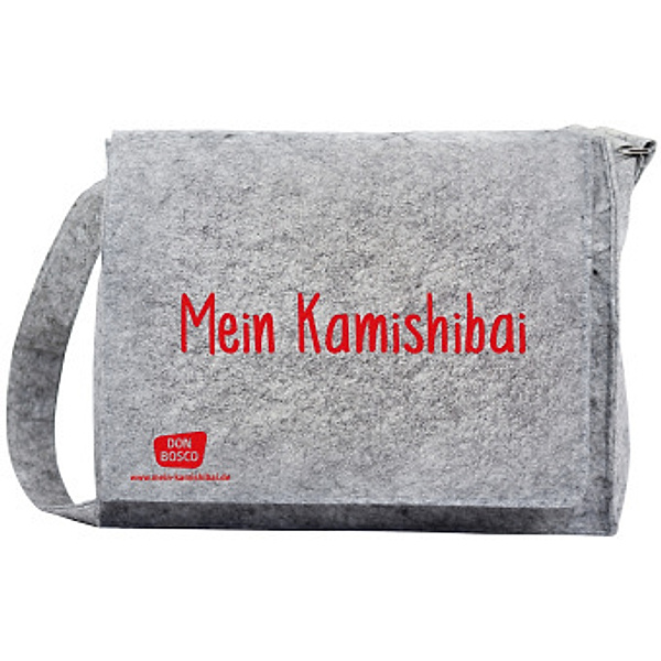 Umhängetasche Mein Kamishibai aus grauem Filz, mit längenverstellbaren Tragriemen, langem Überwurf und Magnetverschlüs