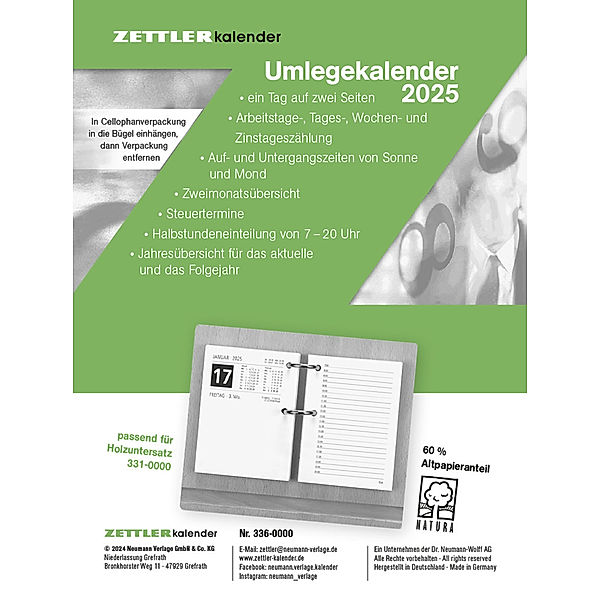 Umlege-Kalender 2025 - 8x10,8 cm - 1 Tag auf 2 Seiten - zum Einheften - Bürokalender mit 2-fach Lochung - Stundeneinteilung von 7 - 20 Uhr - 336-0000