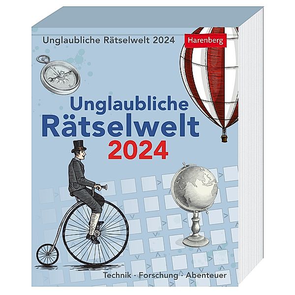 Unglaubliche Rätselwelt Tagesabreisskalender 2024. Tages-Tischkalender 2024 im Nostalgie-Design mit Quizfragen aus den Bereichen Technik, Forschung und Abenteuer. Format 12,5 x 16 cm