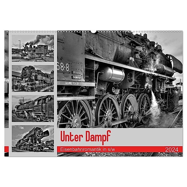 Unter Dampf - Eisenbahnromantik in schwarz-weiss (Wandkalender 2024 DIN A2 quer), CALVENDO Monatskalender, Peter Härlein