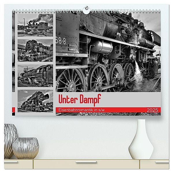 Unter Dampf - Eisenbahnromantik in schwarz-weiß (hochwertiger Premium Wandkalender 2025 DIN A2 quer), Kunstdruck in Hochglanz, Calvendo, Peter Härlein