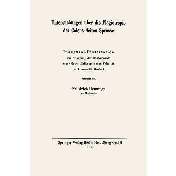 Untersuchungen über die Plagiotropie der Coleus-Seiten-Sprosse, Friedrich Hennings