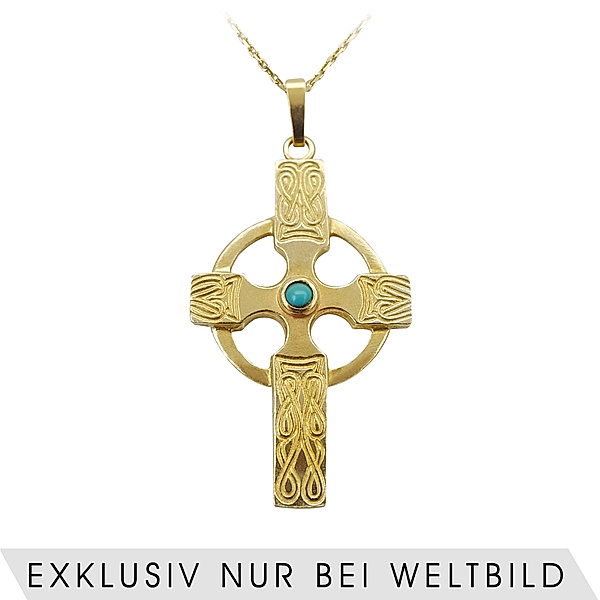 Ursula Christ Anhänger mit Kette Kreuz vergoldet mit Türkis