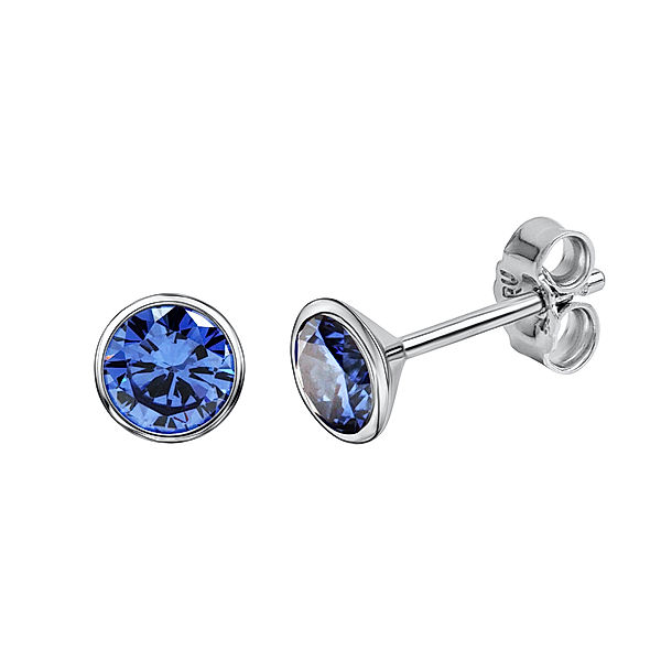 V Ohrstecker 925 Silber rhodiniert CZ blau 925/- Sterling Silber Zirkonia blau 1cm Glänzend